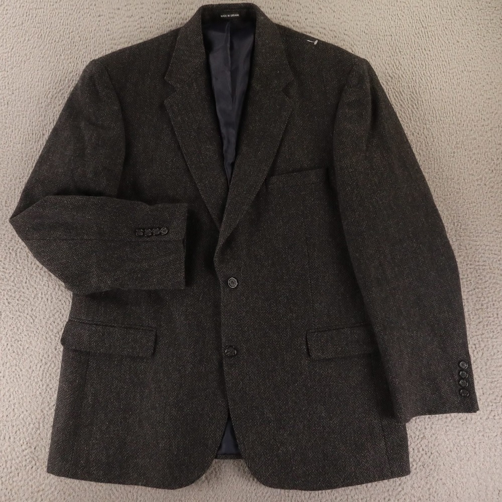 VTG Tweed Jacket 44L LT Gray Herringbone 100% Wool Blazer Made in Ukraine
